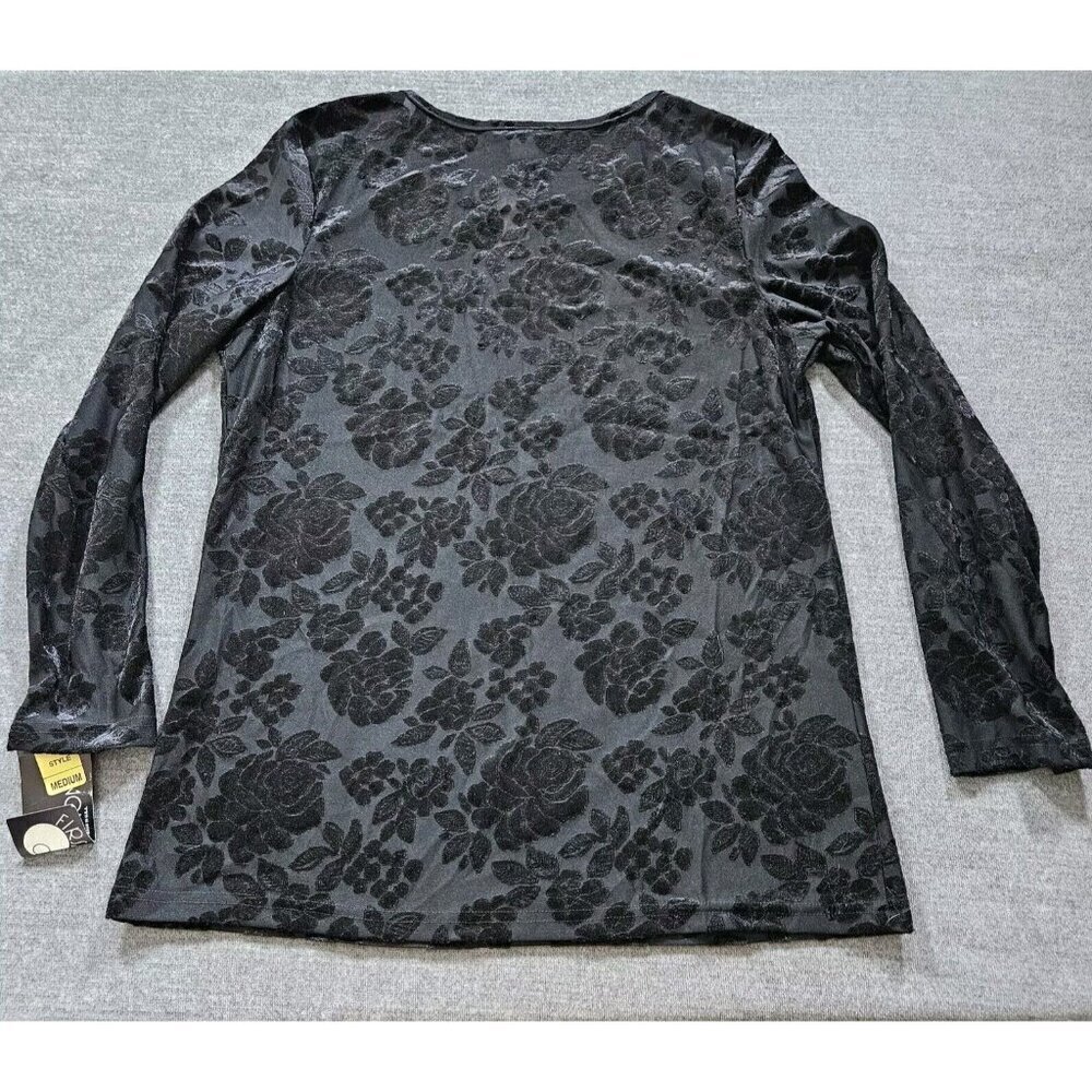 First Option Top M Women Black LS Round Neck Floral Burn Out Velvet Goth Y2K VTG - Picture 14 of 14